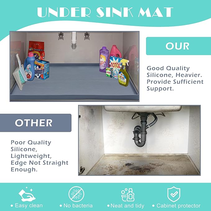 URMONA Waterproof Silicone Under Sink Mat 34'' x 19'' Shelf Liner for Kitchen and Bathroom, Cabinet and Counter Protector, Storage and Organizers, Litter Mat, Pet Cat Puppy Essentials(Beige)-NeatNest