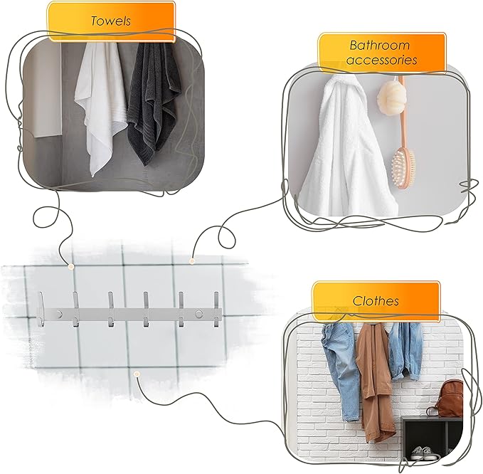 Coat Rack Wall Mount – Brushed Nickel 17 Inch Stainless Steel Hook Rail with 6 Heavy Duty Double Coat Hooks – Wall Mounted Coat Hanger for Entryway, Bathroom, Bedroom, Towel, Hat Organizer - 3 Pack-NeatNest