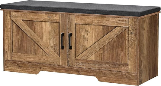 2-Tier Storage Bench, Shoe Bench with Padded Seat Cushion, Entryway Bench with 2 Barn Doors, Adjustable Shelf, 13.8" D x 39.4" W x 17.7" H, for Entryway, Living Room, Bedroom, Rustic Walnut-NeatNest
