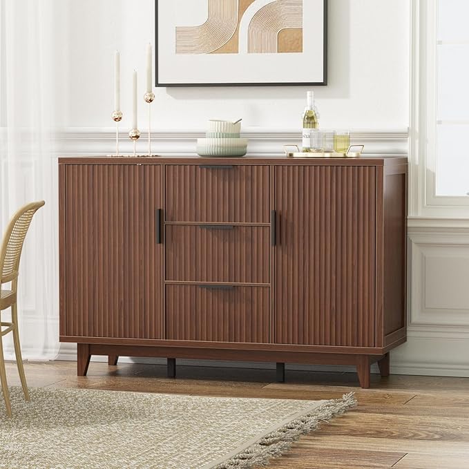 47.2" W Storage Cabinet with 3 Drawers, Fluted Buffet Cabinet with Storage, Large Sideboard with 2 Door, Modern Mid Century TV Stand Coffee Bar Cabinets for Living Room, Kitchen, Entryway