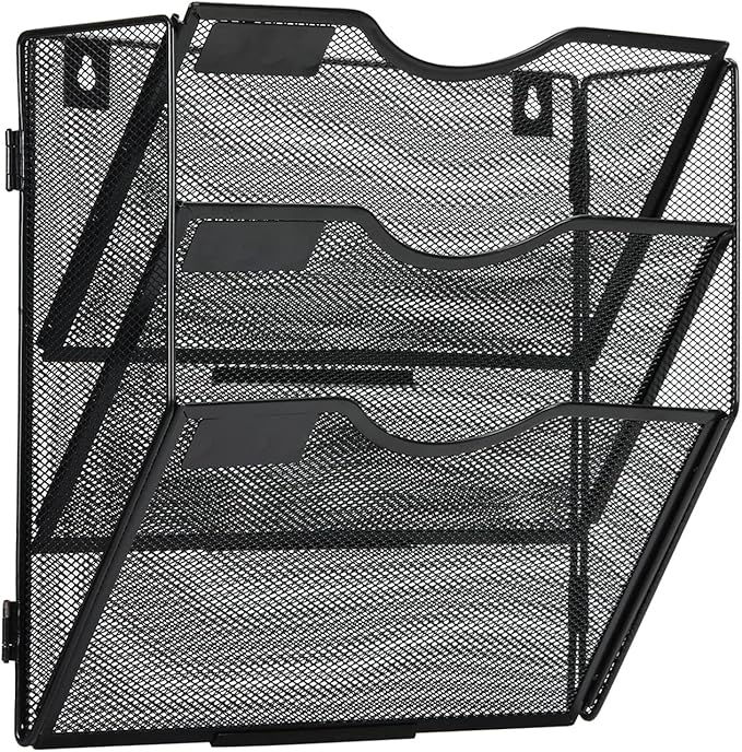 EasyPAG 3 Pocket Wall File Organizer, Black | Metal Mesh Wall Mounted File Holder | Assembly Hanging Mail Organizer | Replaceable Classify Labels | Office Home Letter Size Paper Storage