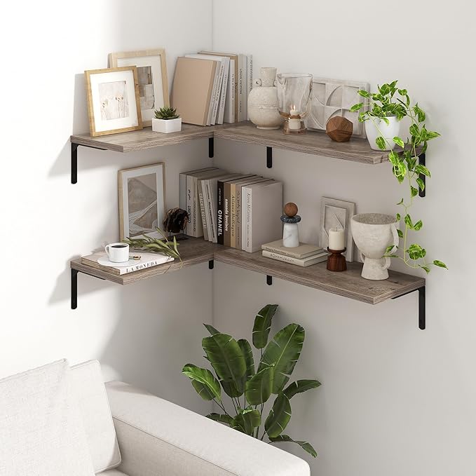 Fun Memories Deep Floating Shelves, 24W x 8D Floating Shelves Set of 2, Wall Mounted Shelf with Metal Brackets, Rustic Wood Wall Shelf for Bathroom, Kitchen and Living Room, Grey-NeatNest