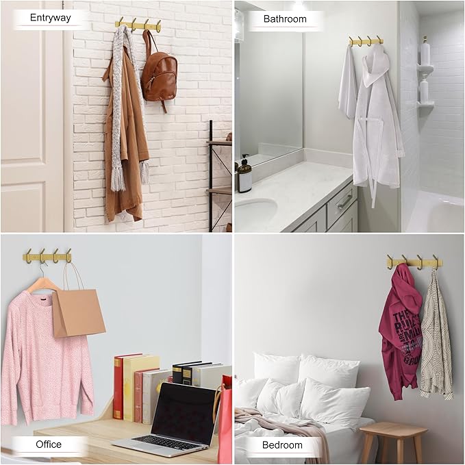Brushed Gold Wall Mounted Coat Rack – 12 Inch Stainless Steel Rail with 4 Double Coat Hooks for Entryway, Bathroom, Bedroom, Kitchen – Modern Gold Hook Rack for Coats, Hats, Towels-NeatNest