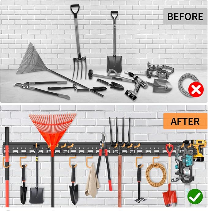 Garden Tool Organizer Wall Mount - Garage Storage and Organization Yard Tool Hanger with Adjustable Pegboard Hooks Shed Rack for Broom Mop Shovel Rake Trimmers, 32 inch Max 350lbs, Black
