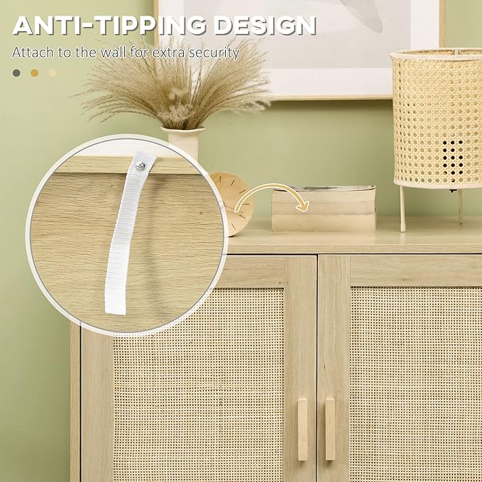 HOMCOM Accent Cabinet, Boho Storage Cabinet with Rattan Doors, Adjustable Shelf and Metal Base, Sideboard for Living Room, Kitchen, Natural