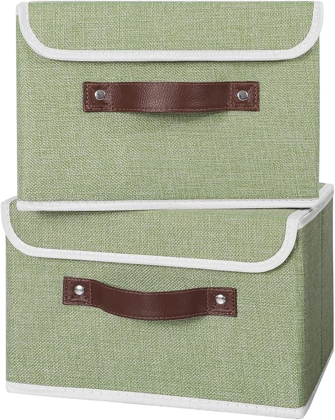 ANMINY 4PCS Storage Bins with Lid PU Leather Handles Storage Boxes PP Plastic Board Decorative Foldable Lidded Cotton Linen Fabric Home Cubes Baskets Closet Organizer Containers - Green, Small Size-NeatNest