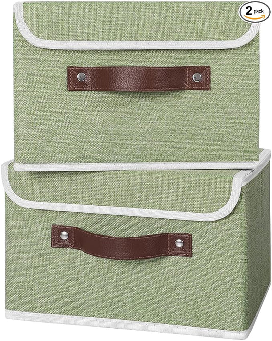 ANMINY 2PCS Storage Bins with Lid PU Leather Handles Storage Boxes PP Plastic Board Decorative Foldable Lidded Cotton Linen Fabric Home Cubes Baskets Closet Organizer Containers - Green, Small Size-NeatNest