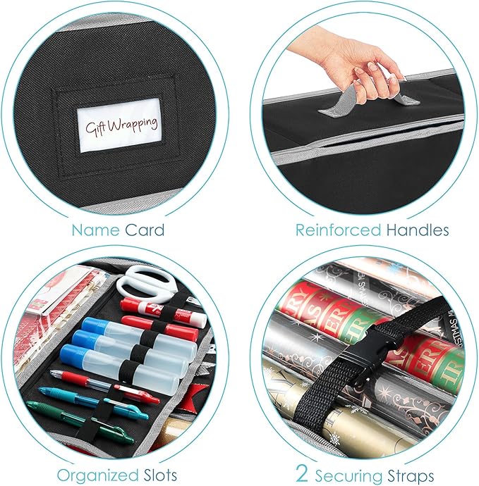 Hearth & Harbor Wrapping Paper Storage Container with Ribbon Storage Organizer - Christmas Storage Bag with Extra Interior Pockets - Gift Wrapping Organizer Storage Fits Up to 26 Rolls of 40" Length-NeatNest