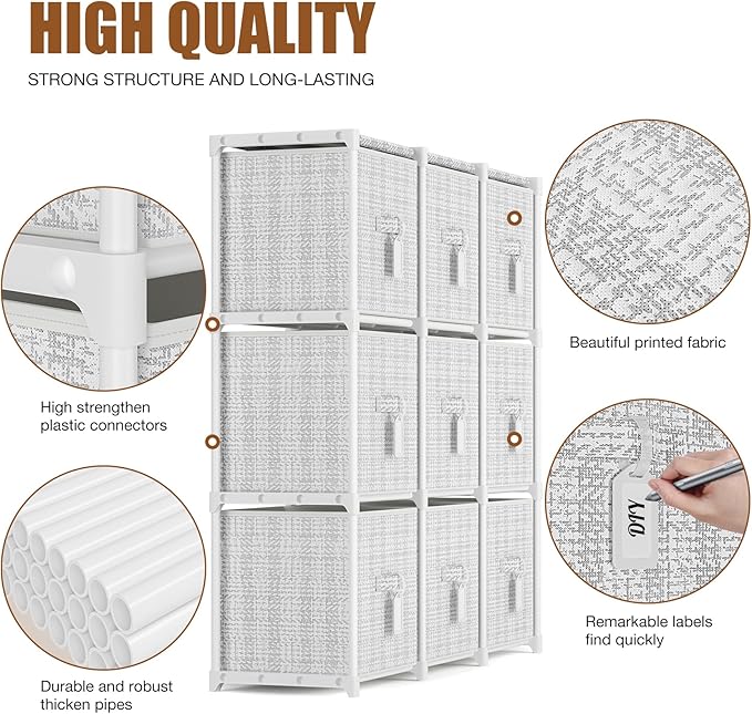 9 Cube Storage Organizer with Printed Drawers, Toy Cubby Storage for Closet, Living Room, Dorm - White-NeatNest