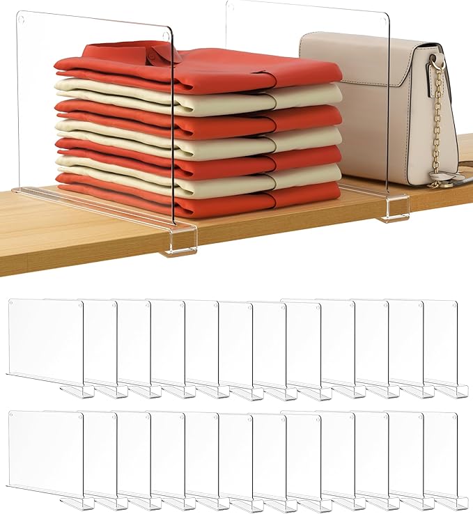 HBlife 24 Pack Clear Shelf Dividers, Vertical Purse Organizer for Closet Perfect for Sweater, Shirts, Handbags in Bedroom and Kitchen, Adjustable Acrylic Bookshelf for Organization-NeatNest