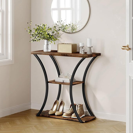 Hoctieon 3 Tier Console Table with Open Wood Shelves, Decorative Entryway Table with Curved Metal Frames, Narrow Sofa Table for Entrance, Living Room, Hallway, Rustic Brown+Black-NeatNest