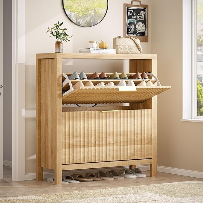 Shoe Cabinet Storage for Entryway, Fluted Shoe Cabinet with 2 Flip Drawers, Hidden Shoe Rack Tall Freestanding Shoe Organizer with Legs for Hallway, Wood-NeatNest