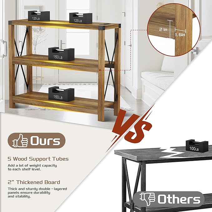 47.2" Entryway Table with Outlets and USB Ports, Console Table with 3-Tier Open Storage Shelves, Wooden Sofa Table with Metal X-Shaped Design for Living Room/Couch/Hallway/Foyer, Rustic Oak-NeatNest