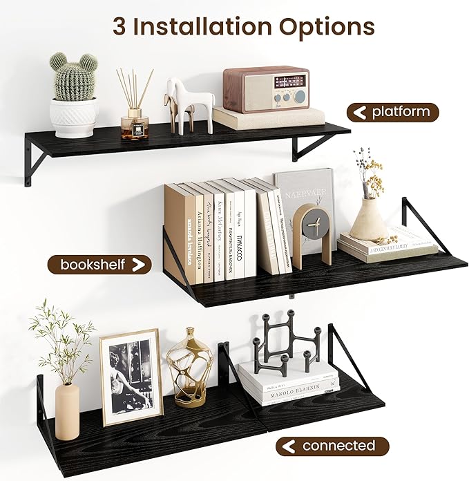 Fun Memories Floating Shelves for Wall, 12 Inch Deep Floating Shelves Set of 2, 48W x 12D Large Wall Shelf with Sturdy Metal Brackets for Living Room, Bathroom, Bedroom and Kitchen, Black-NeatNest