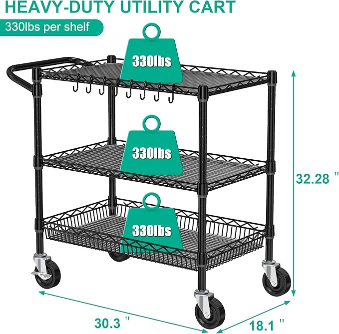 Heavy Duty Rolling Cart with Wheels, 3 Tier Commercial Grade Utility Cart, Metal Kitchen Storage Trolley with Handle Bar & Shelf Liner for Food Service Tool, Black