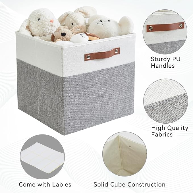 Collapsible Fabric Storage Cube Bins with 2 Reinforced PU Handles, Foldable Storage Organizer Baskets for Closet, Shelves, Living Room | 11"x11"x11", 4 Pack, Gray & White-NeatNest