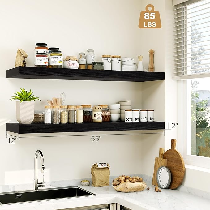 Heimlove 12 Inch Deep Floating Shelves, 55 x 12 inch Extra Long Floating Shelves for Wall, Large Display Shelf & Storage Shelf for Living Room Bedroom Kitchen Home Office, Set of 1, Black-NeatNest