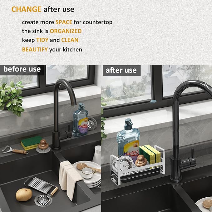 2 Pack Kitchen Sponge Holder - Kitchen Sink Organizer - Sink Caddy - Sink Tray - Soap Holder - Stainless Steel, Silver+Black, 2PCS