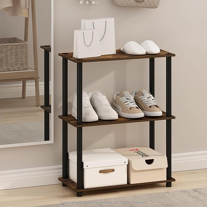 Furinno Turn-N-Tube 3-Tier Compact Multipurpose Shelf Display Rack, Amber Pine/Black-NeatNest