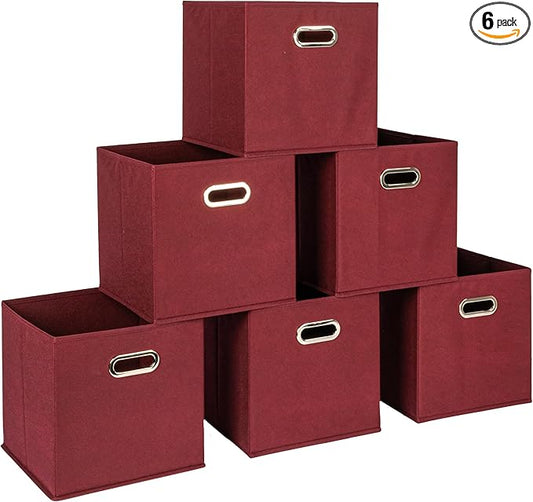 Household Essentials Fabric Storage Cube Bins, 6 Piece Set, Strong Poly-Woven Fabric, Chipboard Sides, Grommet Front Handle, Stackable and Foldable, Classic Design, Burgundy