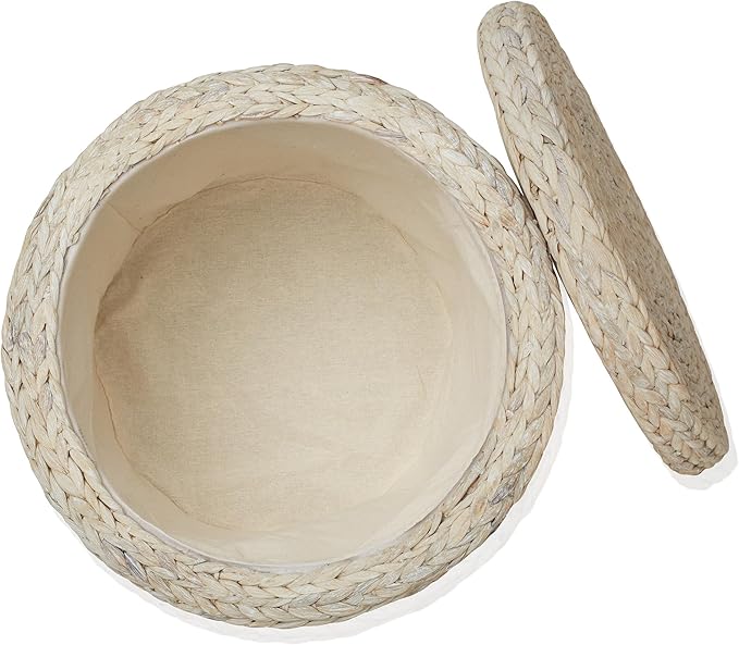 Casafield 17" Round Storage Ottoman with Lid - Whitewash, Handwoven Water Hyacinth Footstool for Living Room, Bedroom, Bathroom, Home Office-NeatNest