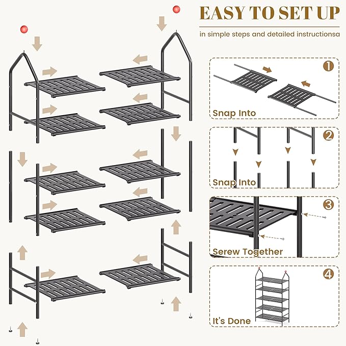 Shoe Rack, 5-Tier Shoe Organizer, Metal Storage Shelf, Shoe Rack for Closet, Free Standing Shoe Racks for Entryway, Garage & Doorway, Sturdy Shoe Shelves, Black-NeatNest