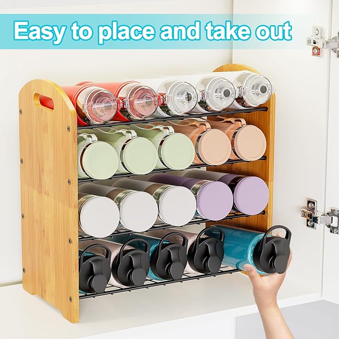 4 Tier Water Bottle Organizer, Stackable Bamboo Water Bottle Holder, Water Bottle Storage Rack Tumbler Travel Mug Cup Organizer for Kitchen Cabinet Countertop Pantry (Black)-NeatNest