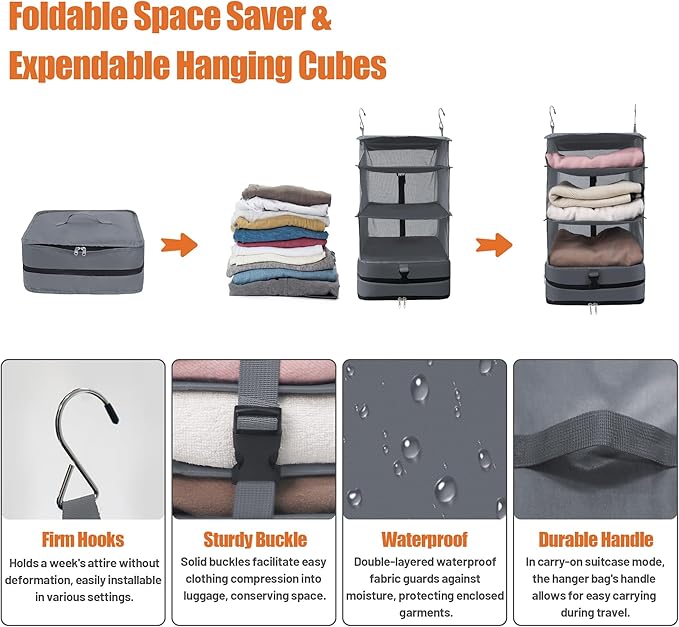 Caroeas Portable Hanging Travel Shelves Bag Suitcase Organizer Carry-on Closet Packing Cubes for Travel, 4-Shelf Suitcase Closet with 2 Hooks, Large Capacity, Gray-NeatNest