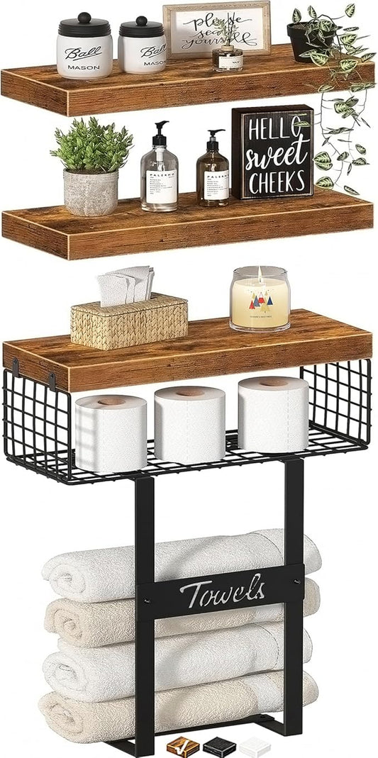 Bathroom Shelves Over Toilet - Floating Shelf for Wall Above Toilet Towels Holder Small Farmhouse Decor Shelves (15.7 inch, Set of 3, Rustic Brown)-NeatNest