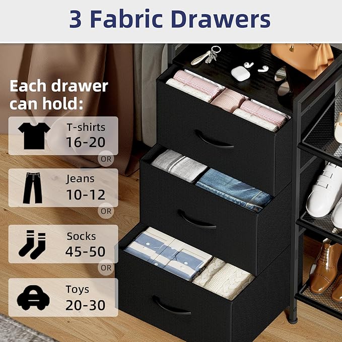 Somdot Shoe Rack, 3 Tier Shoe Organizer with 3 Drawers, Metal Shoe Storage Shelf for 6-9 Pairs of Shoes, Narrow Shoe Rack for entryway, Black-NeatNest