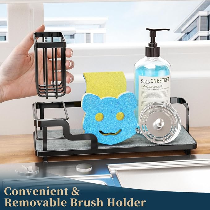 Consumest Sponge Holder for Kitchen Sink - Sink Caddy Organizer with Water Absorbing Stone Tray, Detachable Brush Holder, Stainless Steel Kitchen Counter Organizer Rack, Black-NeatNest