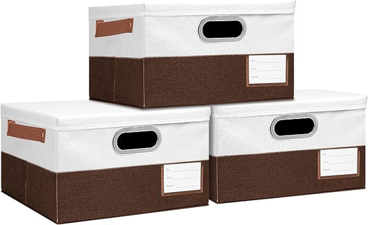 Foldable Fabric Storage Boxes with Lids, Collapsible Versatile Bins Baskets Cubes with Handles for Easy Organization in Closet, Living Room, and Bedroom (Brown & White, 3PCS/11.4*8.6*6.7in)-NeatNest