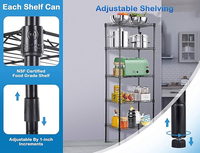 5-Tier Metal Wire Shelving Unit Snack Shelf Height Adjustable Storage Rack NSF Certified Storage Shelves 750 Lbs Capacity Standing Utility Shelf for Laundry Kitchen Pantry Garage Organization
