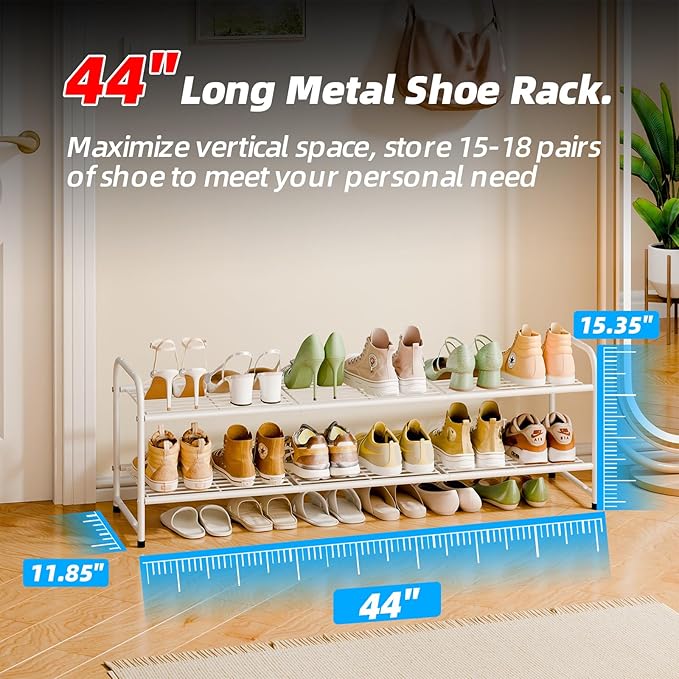 2 Tier Shoe Rack for Closet, 44 Inch Extra Long Shoe Storage Organizer for Shelves, Heavy Duty Metal, Easy Assembly, White-NeatNest