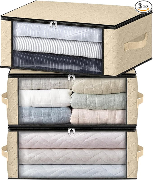 HomeHacks Storage 3-Pack Clothes Organizer Storage Bags Foldable Storage Box with Large Clear Window Sturdy Handles for Closet, Dorm, Pillows, Bedding, Clothes, Blankets, 35L, Beige-NeatNest