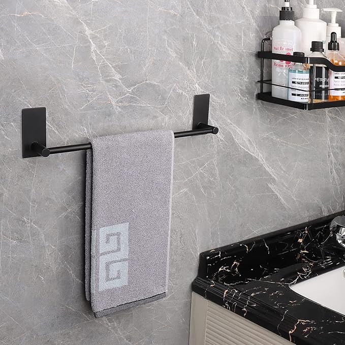 NearMoon Self Adhesive Bathroom Towel Bar- Stainless Steel Bath Wall Shelf Rack Hanging Towel Stick On Sticky Hanger Contemporary Style, NO Drilling (2 Pack, Matte Black, 12-Inch Towel Rack)