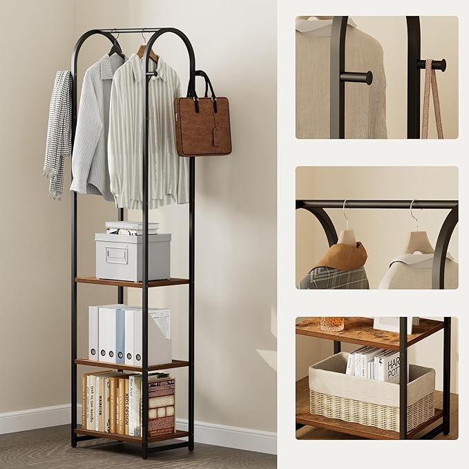 Garment Rack, Coat Rack With 3 Shelves and 4 Hooks, 71" H Clothes Stand For Hanging Clothes, Hanging Rod For for Bedroom, Hallway, Entryway, Office, Living Room, Rustic Brown and Black