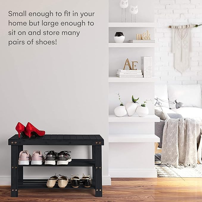 Homemaid Living Bamboo 3 Tier Shoe Rack Bench, Premium Shoe Organizer or Entryway Bench, Perfect for Shoe Cubby, Entry Bench, Bathroom Bench, Entryway Organizer, Hallway or Living Room(Black)-NeatNest
