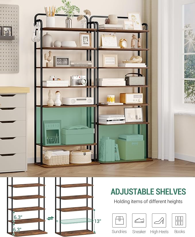 8 Tiers Widened Vertical Shoe Rack, Narrow Shoe Tower, Tall Shoes Shelf with 2 Hooks, Adjustable Shelves, Corner Shoes Shelves for Small Spaces, Entryway, Living Room, Rustic Brown SR12501B-NeatNest