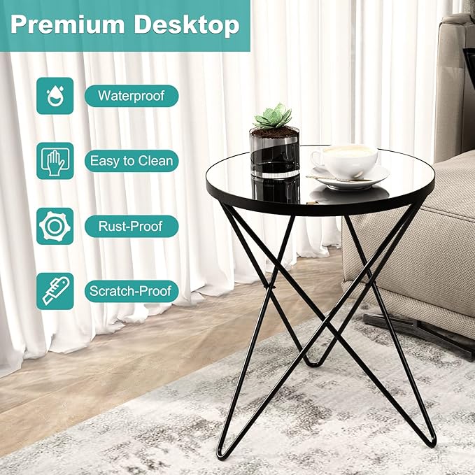 HLR Modern Round Side Table Set of 2, End Table with Marble Effect Top and Gold Metal Frame, Small Side Table for Living Room, Bedroom, Sofa and Couch, Black Legs, Mirror top