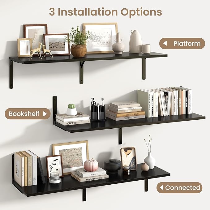 Fun Memories Floating Shelves for Wall, 12 Inch Deep Floating Shelves Set of 2, Wall Mounted Shelf with Metal Brackets, Rustic Wood Wide Shelf for Bathroom, Kitchen and Living Room, Black, 48W x 12D-NeatNest