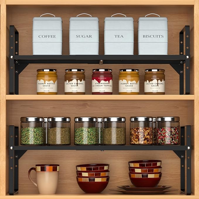 Expandable Counter Shelf, Adjustable Height Spice Rack Metal Mesh Board Shelf Organization for Kitchen Pantry Bathroom Office -Black-NeatNest