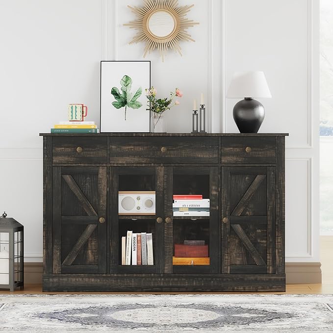 4 EVER WINNER Farmhouse Coffee Bar Cabinet, 55" Buffet Cabinet with Storage, Buffets & Sideboards with Drawers and Glass Doors for Kitchen, Living Room, Rustic Oak-NeatNest