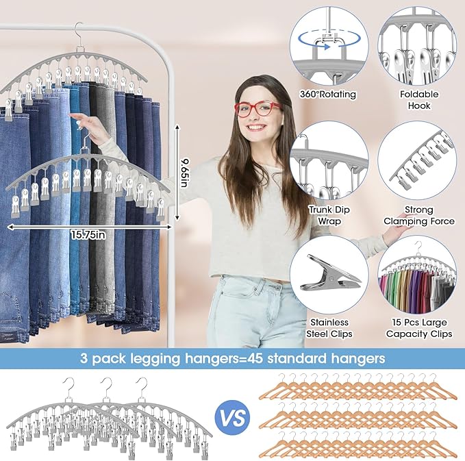 3 Pack Legging Organizer for Closet Hanging, Pants Hangers with 15 Clips Holds 45 Leggings, Shorts, Skirts, Jeans, Hats, Pants Hangers Space Saving Clothes Racks Closet Organizers and Storage, Grey-NeatNest