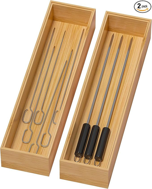 Bamboo Drawer Organizer, Narrow Stackable Cutlery Tray for Kitchen, 2 Pcs Silverware & Utensil Box, 12" x 3" x 2" (Outer), 11.3" x 2.3" x 1.77" (Inner)-NeatNest