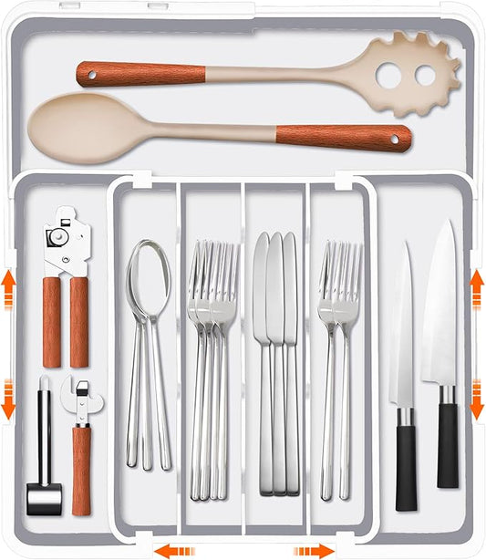 Homecor Silverware Drawer Organizer, Adjustable Kitchen Drawer Organizer, Expands from 4 to 7 Slots, Non-Slip BPA-Free Flatware Cutlery Utensil Holder for Forks Knives Spoons and Kitchen Utensil,White-NeatNest