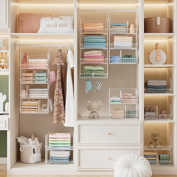 4 Tier Closet Hanging Organizer with Dividers,Extra Large Closet Storage Hanging with 5 S Hooks 4 Dividers,Clothes Organizer Clothing Sweaters Clutches Handbags Hats Accessories-White