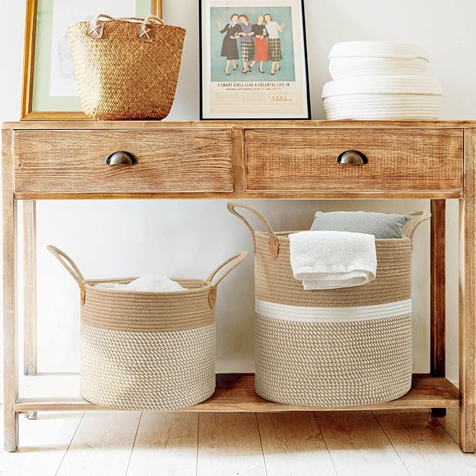 CHICVITA Extra Large Woven Storage Basket with Handles – Laundry Basket Toy Towels Jute Blanket Basket Home Decor Gift, 16" x 16", White-NeatNest