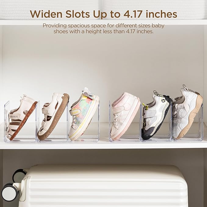 Widened 4.17 Inch Clear Acrylic Kids Shoe Rack for Closet Organizers and Storage 4 Pack, 3 Sections Small Toddler Baby Shoe Storage Organizer Shelf, Desk File Sorter Book Purse Organizer-NeatNest