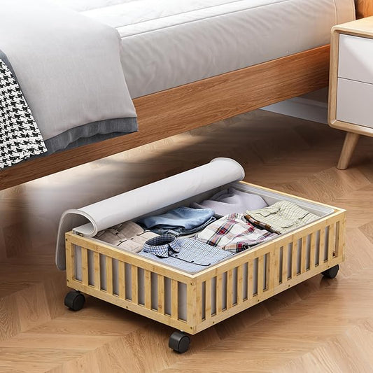 Bamboo Under Bed Storage Containers with Wheels, Rolling Under the Bed Shoe Storage Bins, Wood Stackable Underbed Drawers with Bag Organizer for Bedroom Closet Clothing Sweater Bedding Under Crib Toy-NeatNest